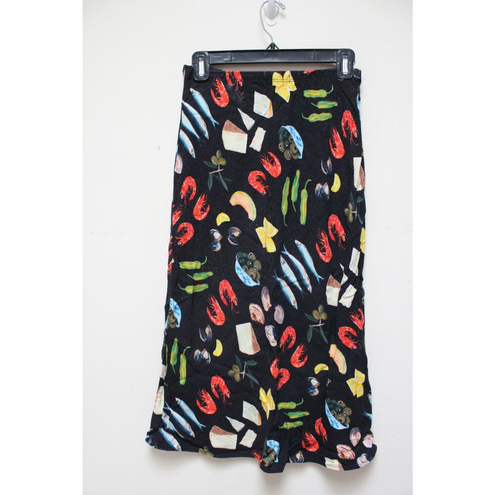 Lisa Says Gah Black Tapas Food Sandy Linen Midi Skirt Size Small - Picture 4 of 5